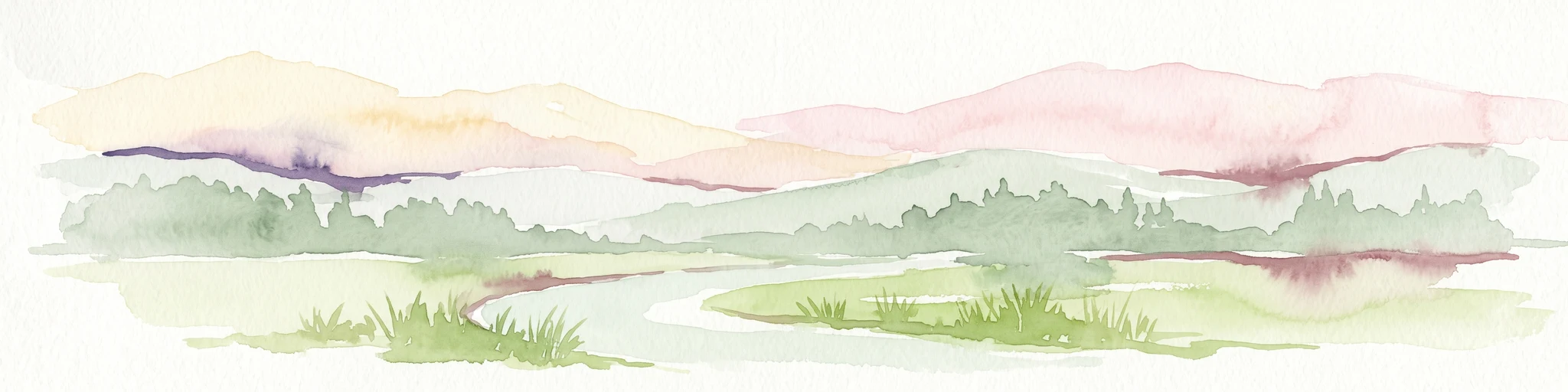 A soft watercolor painting of a rolling landscape featuring a winding river, grassy plains, and distant hills in muted green, pink, and yellow tones.