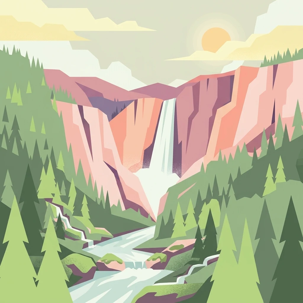 A flat-style digital illustration of a scenic valley featuring a large waterfall flowing into a river, surrounded by pine trees and steep rocky cliffs under a soft sun.