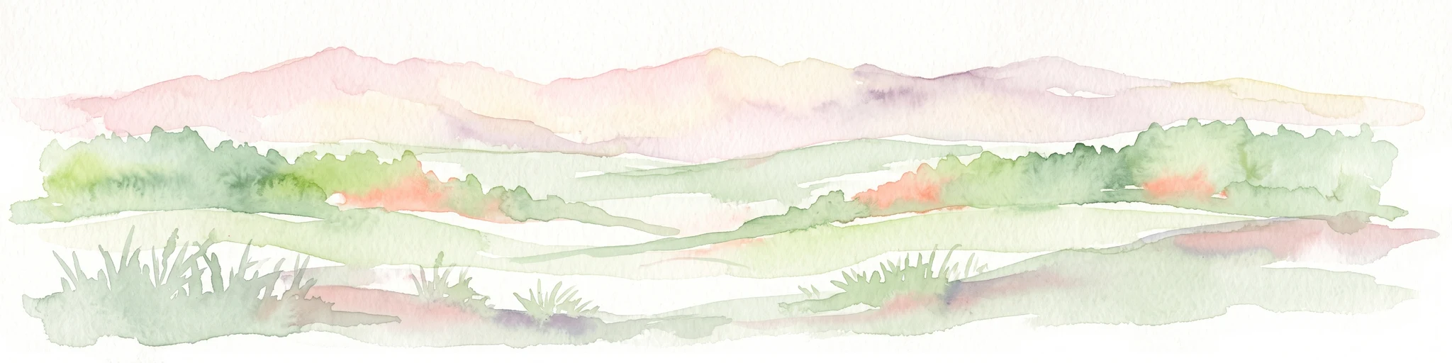 Una ilustración en acuarela que representa colinas suaves y onduladas con vegetación verde y montañas lejanas y desvaídas al fondo, sobre un fondo blanco liso.
