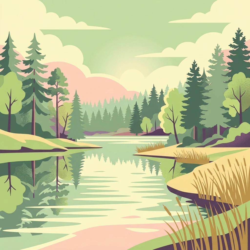 Una ilustración digital de estilo plano de un lago tranquilo rodeado de densos bosques de coníferas y caducifolios bajo un cielo suave y neblinoso.