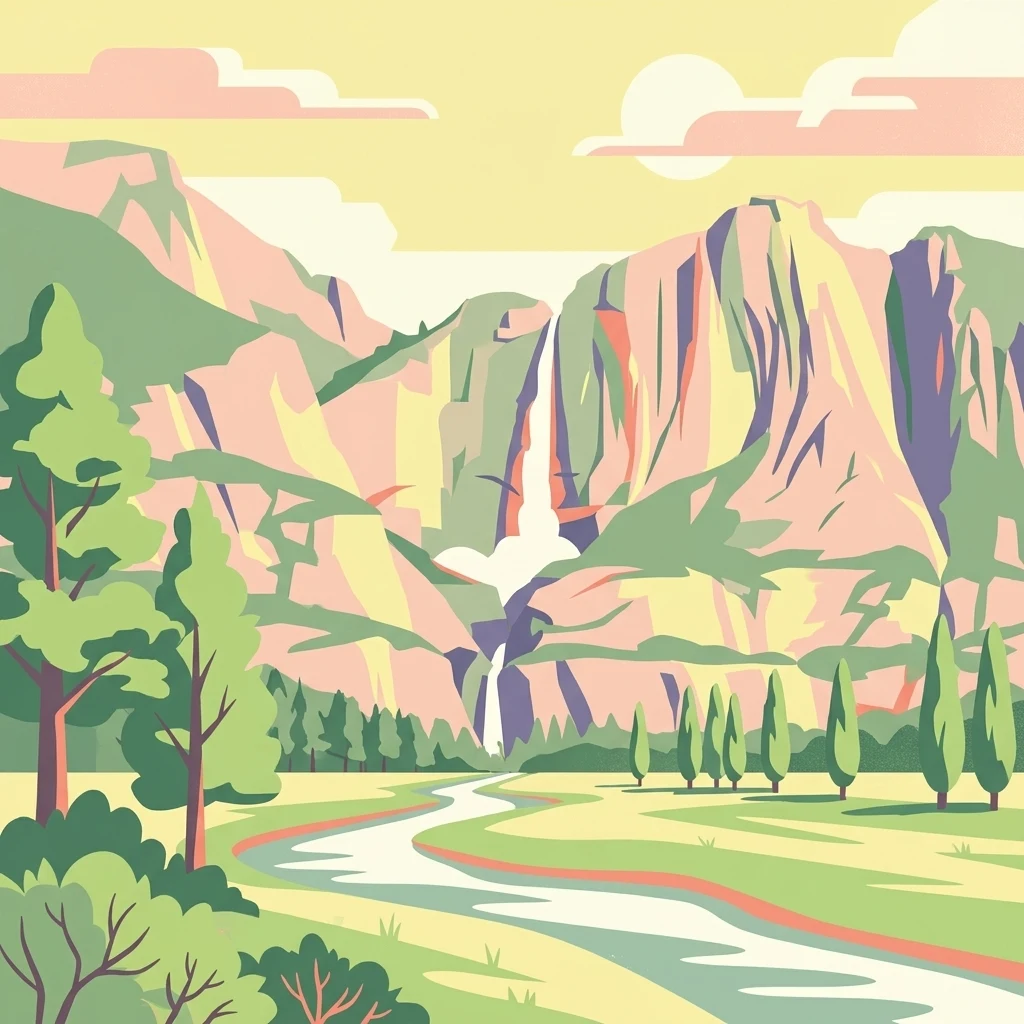 A stylized vector illustration of a valley with a winding river in the foreground, coniferous trees, and a tall waterfall cascading down high rocky cliffs in the background.