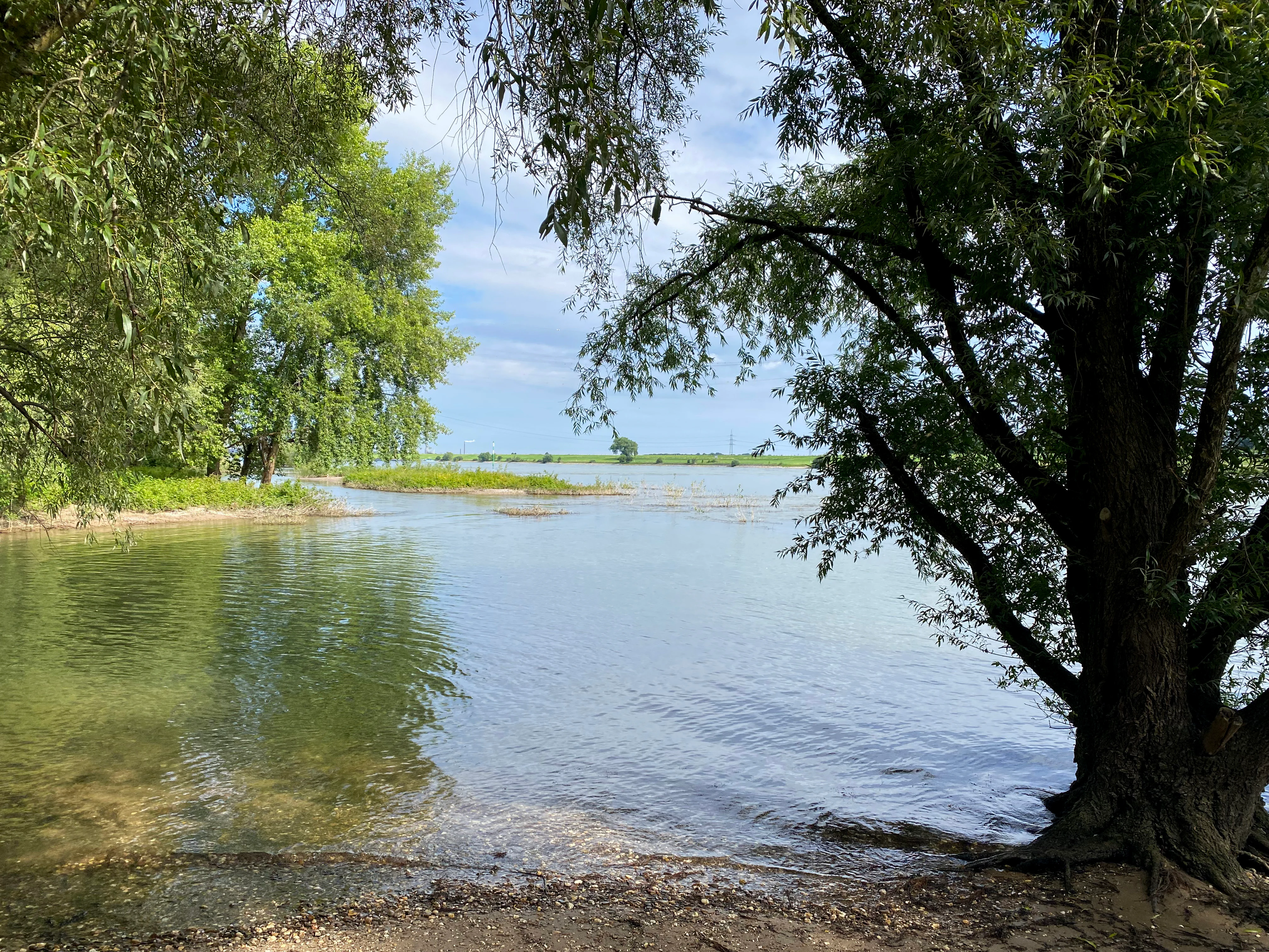 A peaceful lake or pond scene framed by lush green trees at the shore, with a glimpse of open water and a small island in the distance under a partly cloudy sky.