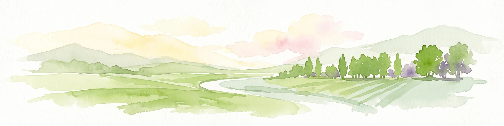 A soft watercolor illustration depicting a winding river flowing through green meadows and forest clusters against a light sky background.