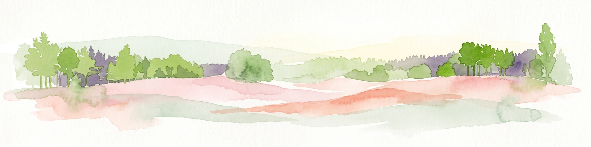 A horizontal watercolor painting showing a stylized, soft-focus forest landscape with green trees against a pale, warm-toned ground.