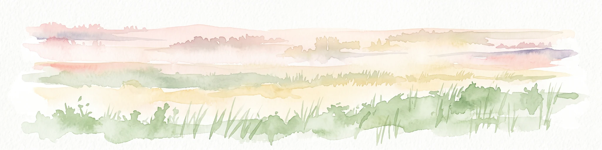 A horizontal watercolor painting depicting a soft-focus prairie landscape with grasses and rolling hills.
