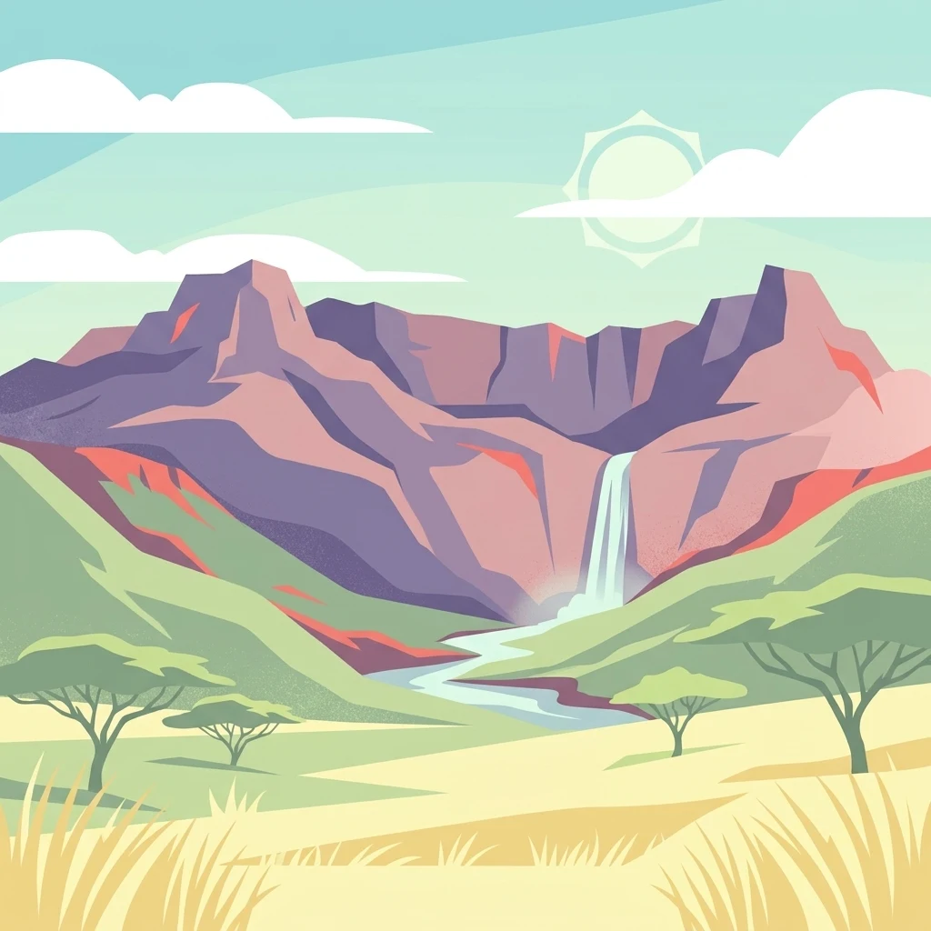 Una ilustración gráfica que muestra un paisaje plano y seco de hierba en primer plano, con acacias y un río que conduce hacia una cascada central que se precipita desde una gran cadena montañosa escarpada bajo un cielo claro.