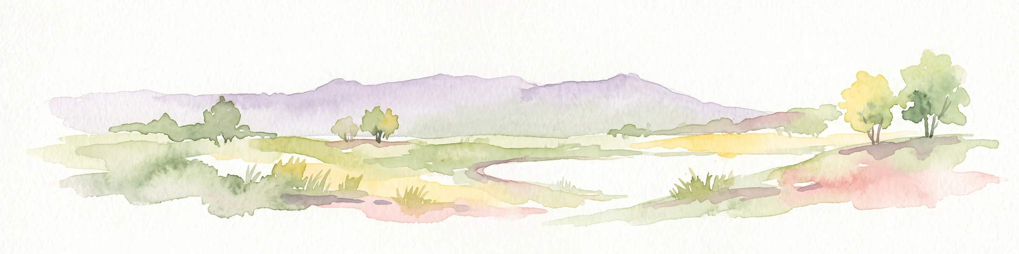 A soft watercolor painting of a serene landscape with rolling hills in the background; a body of water in the midground; and grassy plains with a few scattered trees in the foreground.