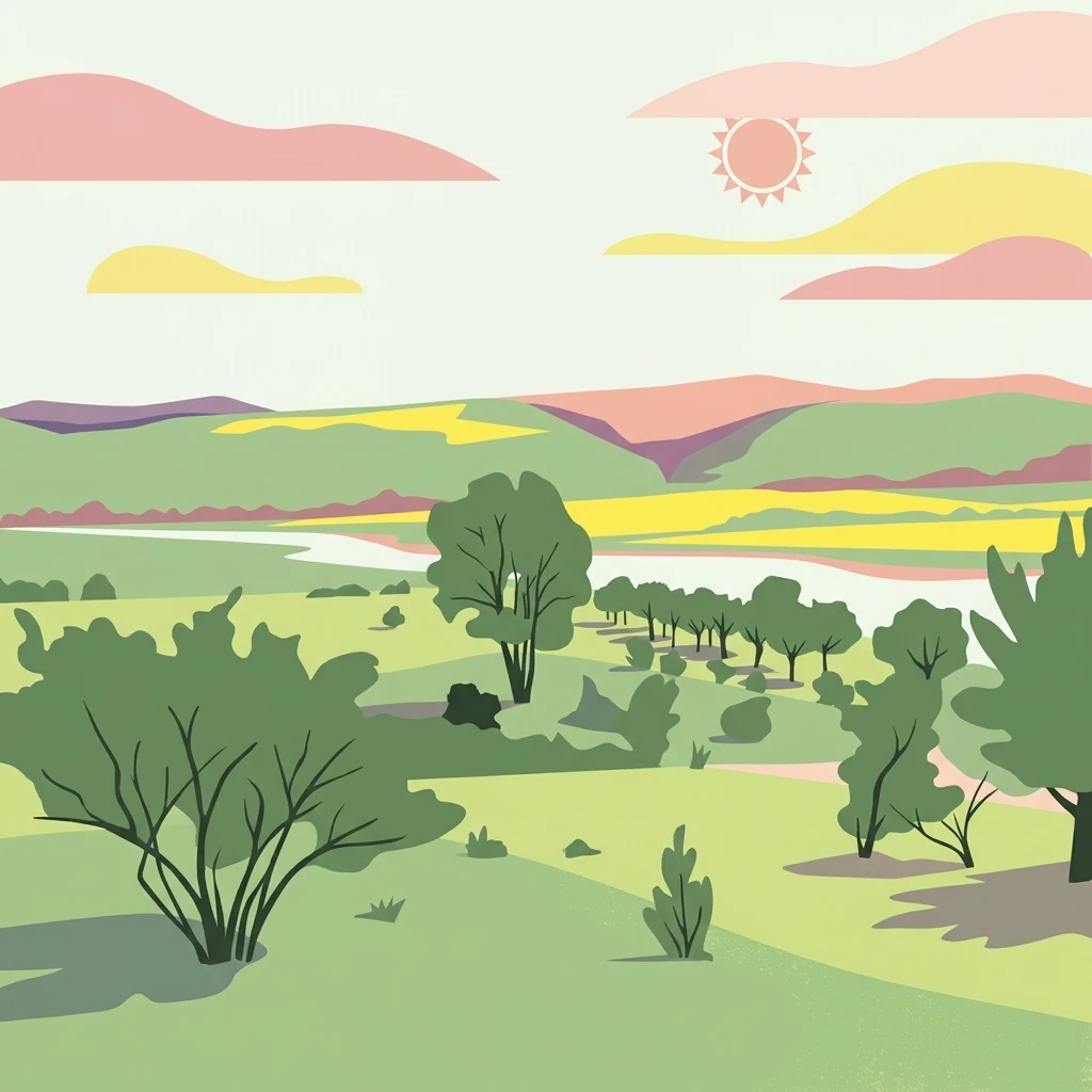 A minimalist digital illustration showing green rolling hills, scattered trees, and soft-colored clouds under a stylized sun.