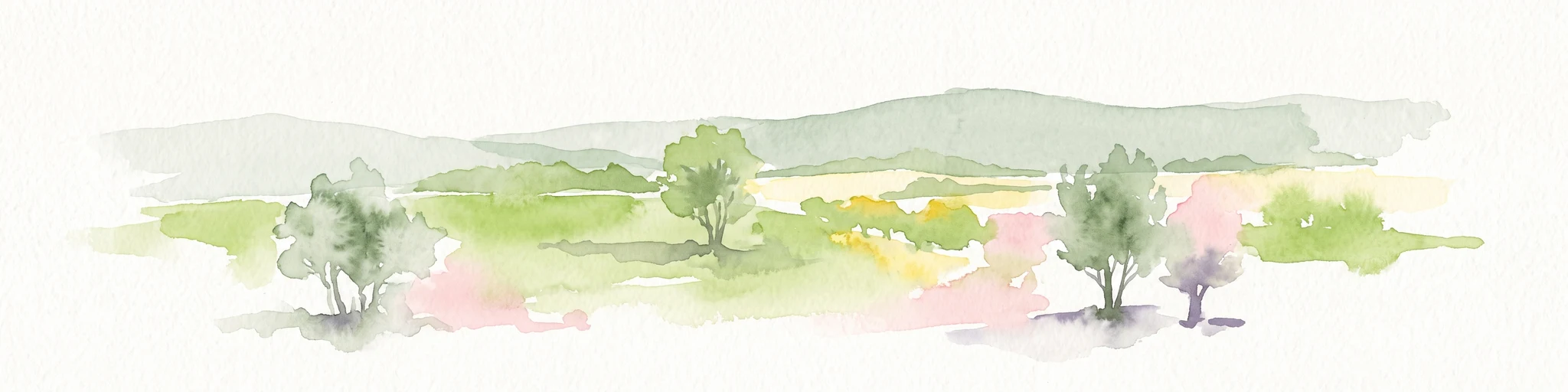 A horizontal watercolor illustration showing green rolling hills, distant light green ridges, and sparse trees against a white background.