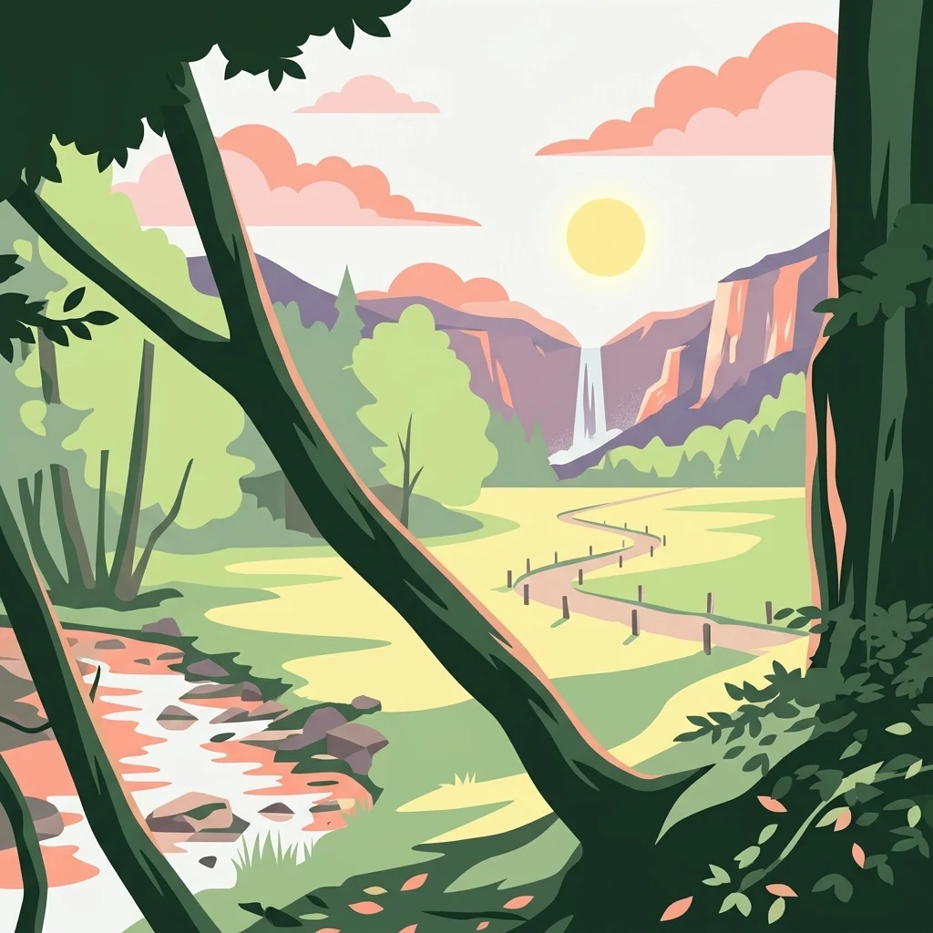 A digital illustration showing a tranquil valley at sunset; a winding stream runs through the foreground, a path cuts through the meadow, and a waterfall cascades down a distant cliffside framed by forest trees.