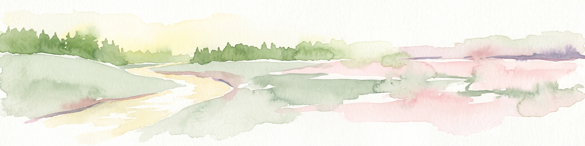 A horizontal watercolor painting depicting a meandering stream flowing through open, green, and pink-toned marshy grasslands bordered by a distant treeline.