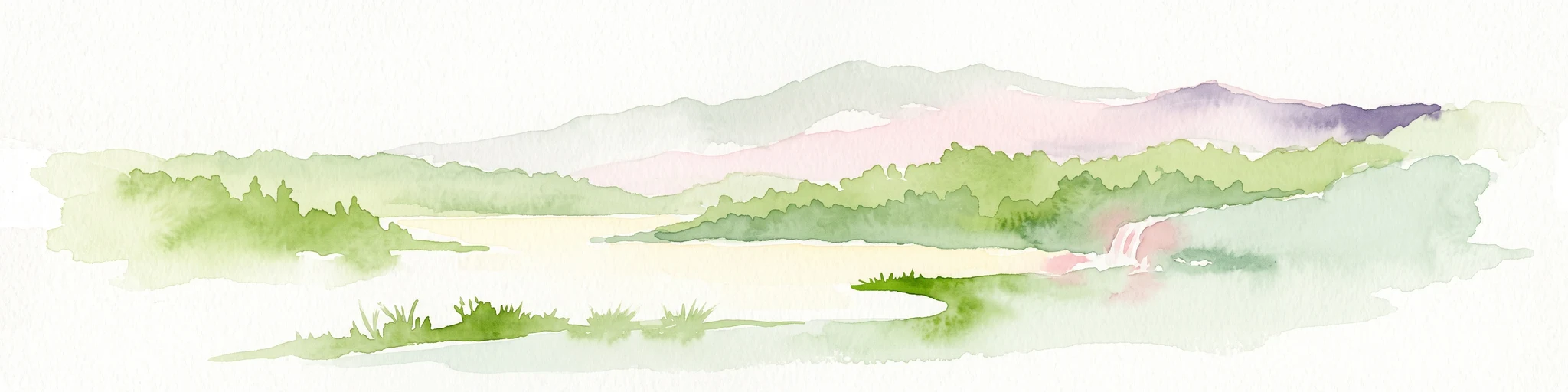 Watercolor painting of green rolling hills and distant purple mountains with a small waterfall flowing into a body of water in the foreground.