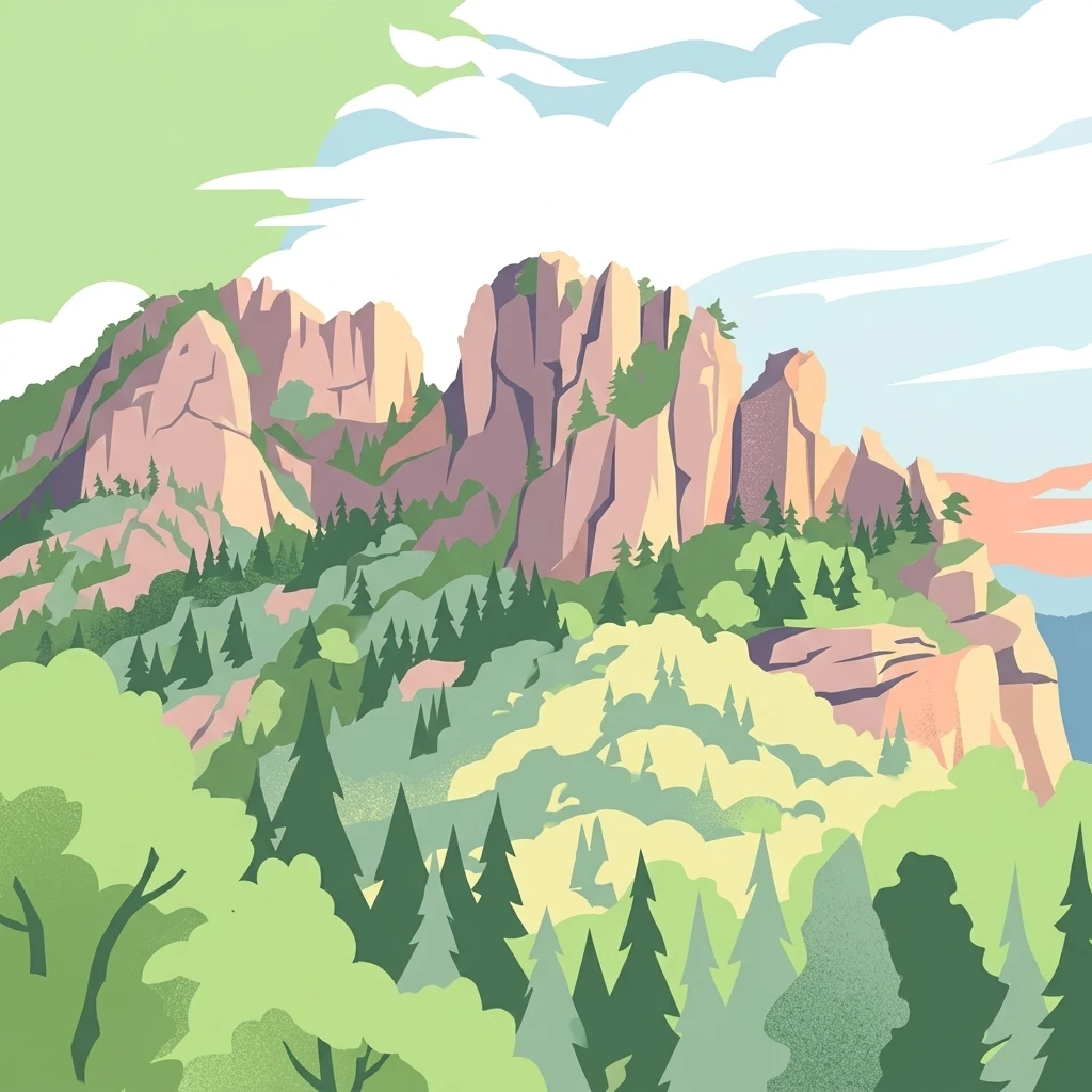 A digital illustration of jagged rock formations surrounded by pine and deciduous forest under a bright sky.
