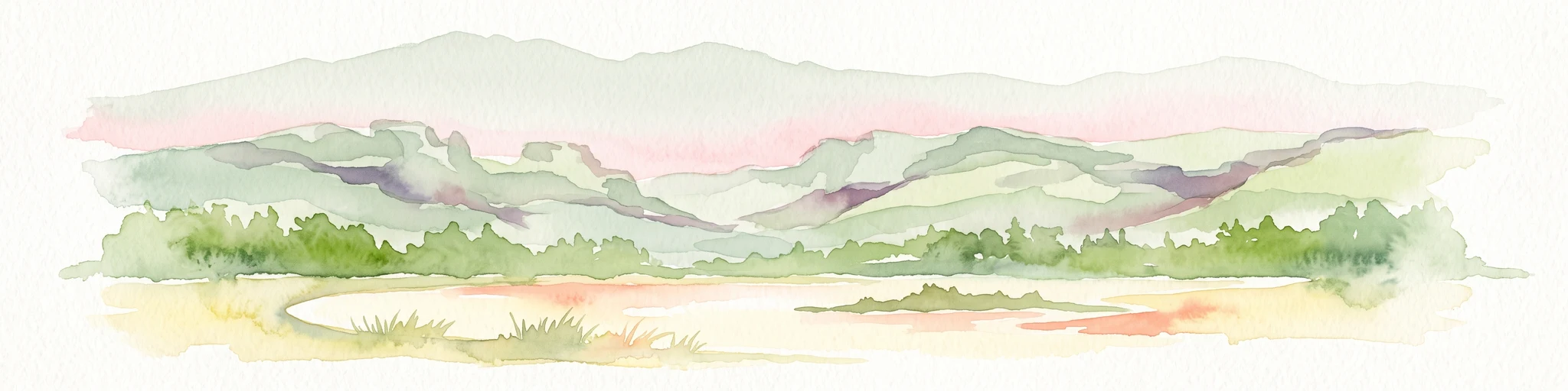 Watercolor painting of a mountain landscape with soft green ridges and a pale pink sky above a light tan foreground.