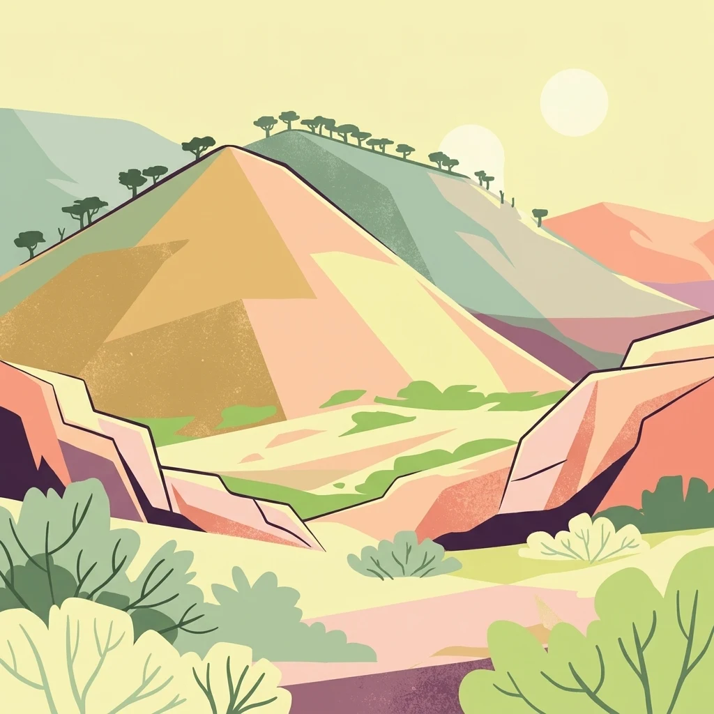 A flat-style digital illustration showing arid, rolling hills and shrubby vegetation under a soft yellow sky.