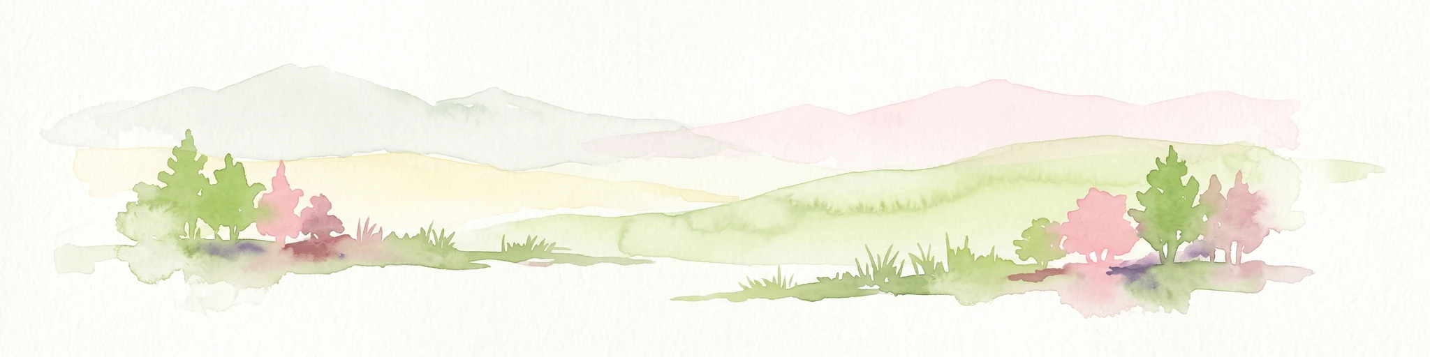 Ilustración en acuarela que muestra un paisaje con colinas verdes onduladas, montañas pálidas al fondo y grupos de árboles en suaves tonos de verde y rosa a los lados.