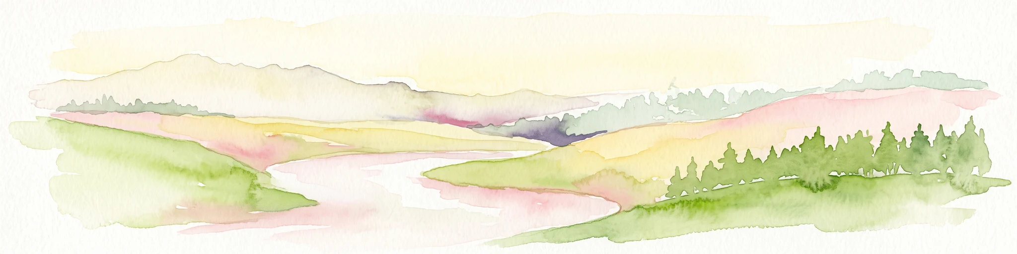 Watercolor painting of a pastoral landscape featuring soft, rolling green hills and a small group of evergreen trees, with light pastel mountains in the background.