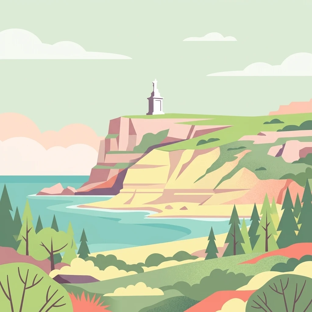 A flat vector-style illustration of a coastal island scene. A rocky, multi-layered cliff rises above a turquoise sea, topped by a small, white monument statue. The foreground features grassy hills and coniferous trees under a soft, light-colored sky.