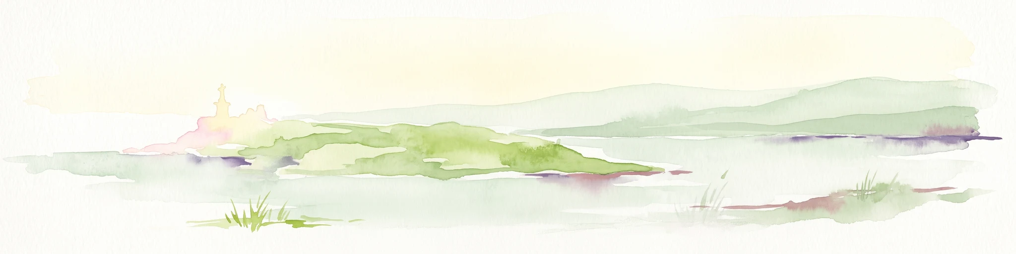 A pale, minimalist watercolor painting depicting St Paul's Island in Malta, showing green rolling landforms and a hint of a structure against a light background.