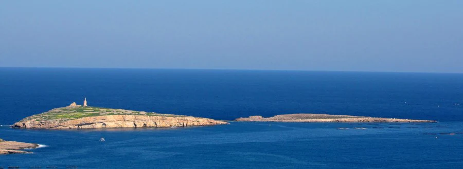 A wide view of St Paul's Island in the Mediterranean Sea, showcasing its elongated, rocky terrain and blue waters.