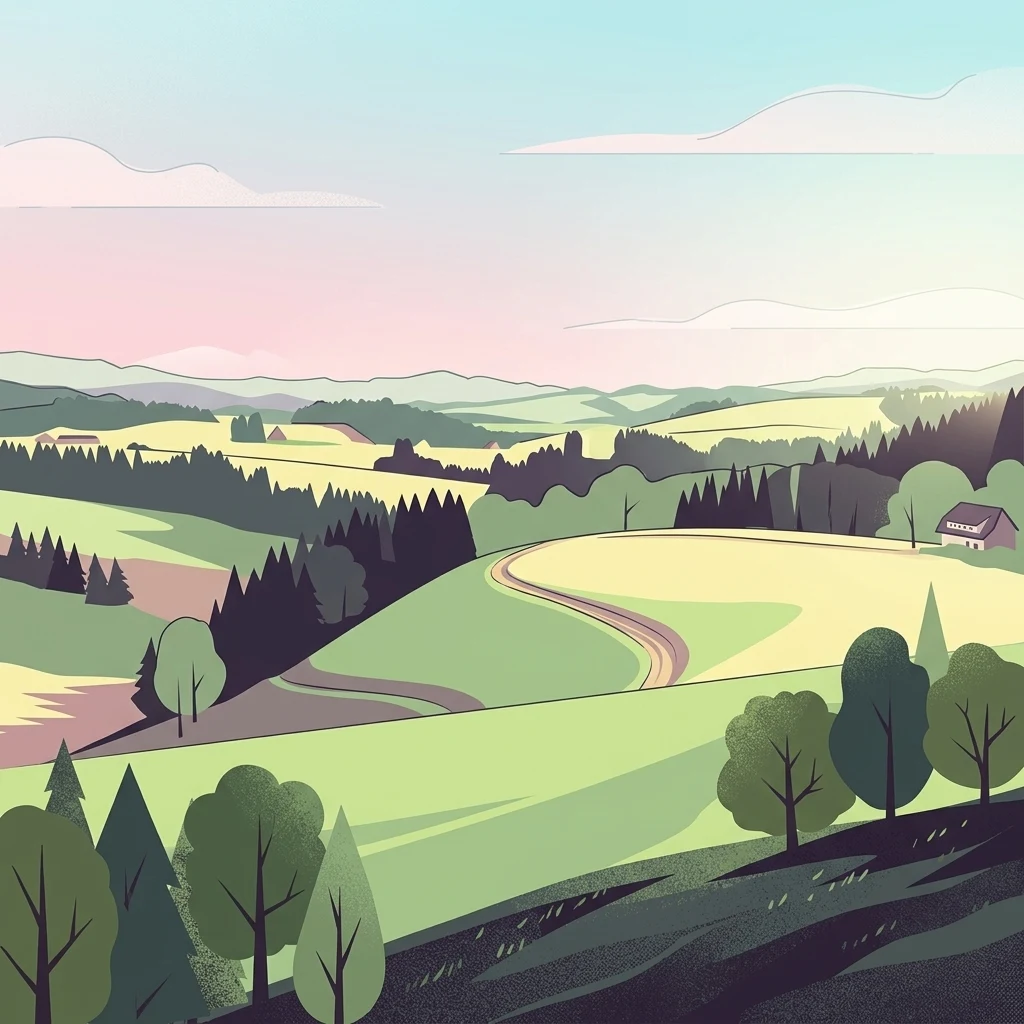 Una ilustración digital estilizada de un paisaje ondulado de la Selva Negra con prados verdes, colinas boscosas y una pequeña granja bajo un cielo suave.
