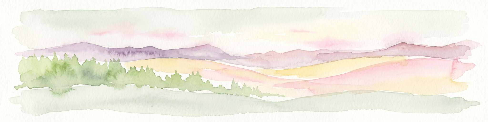 A watercolor painting showing a panoramic view of rolling golden hills, a line of green trees, and soft purple mountain silhouettes in the distance.