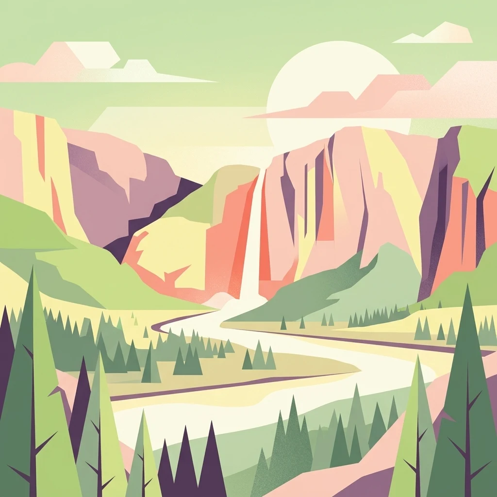 A minimalist, flat-style vector illustration of a valley featuring a cascading waterfall between cliffs, surrounded by pine forests, under a soft sun.