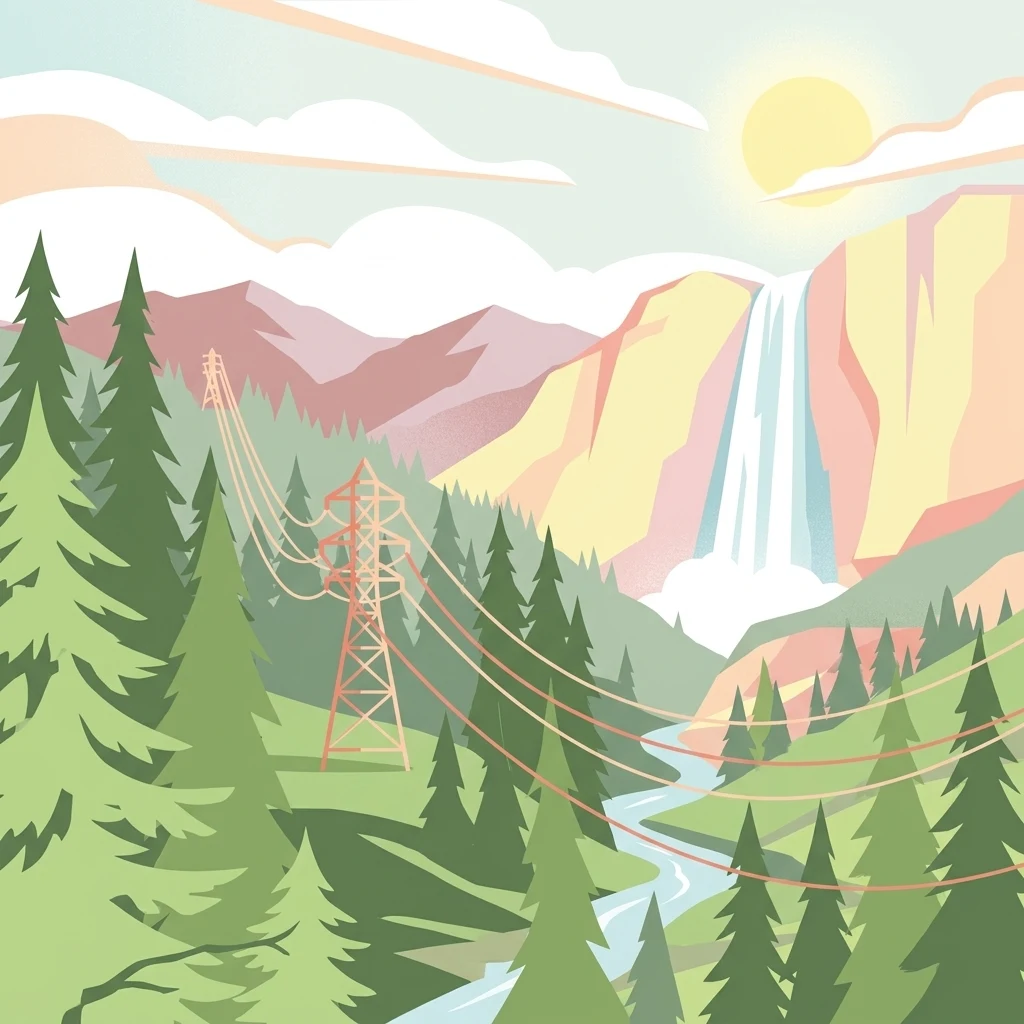 Una ilustración artística que presenta un sol brillante sobre picos montañosos, una cascada, pinos y una torre de transmisión eléctrica alta con cables que atraviesan la escena.