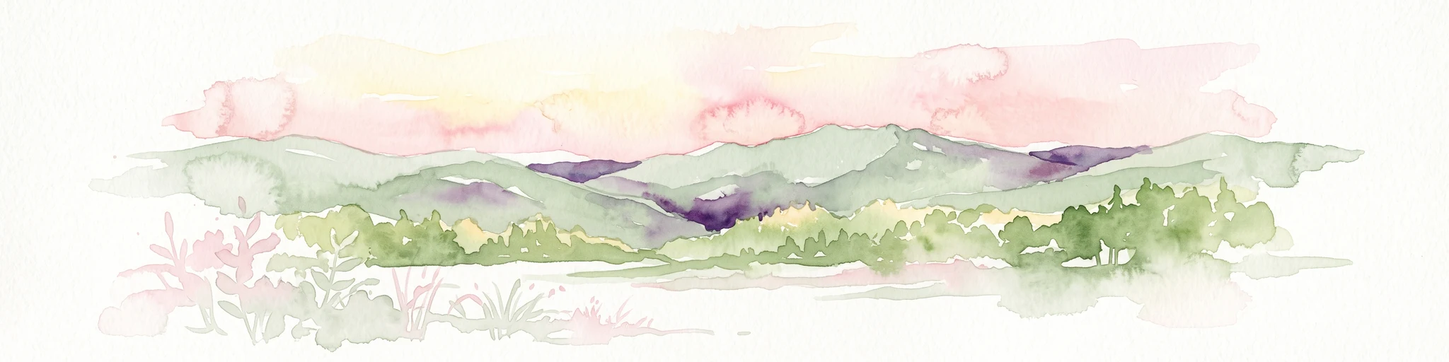 Watercolor painting of green rolling hills, a tree-lined foreground, and a soft pink sunset sky.