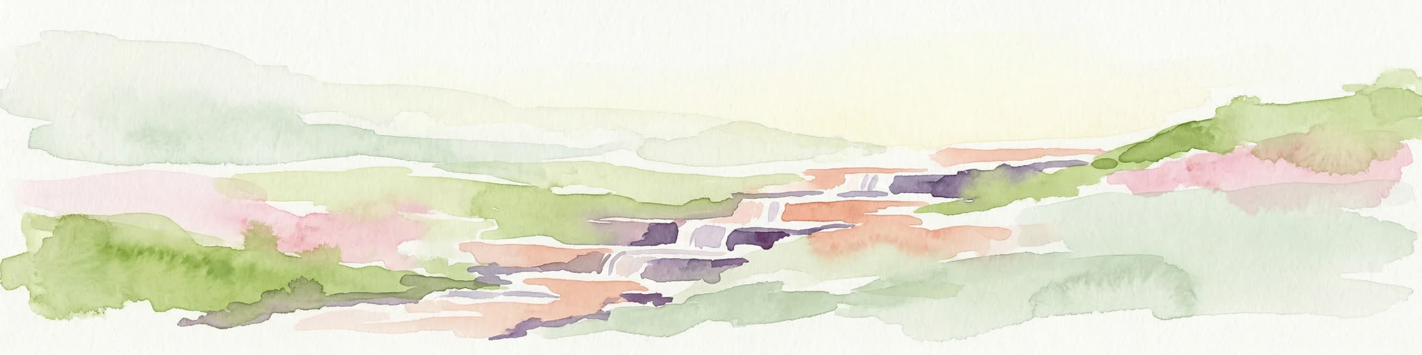 Ilustración en acuarela de colinas onduladas y un camino serpenteante con terreno verde y rosa