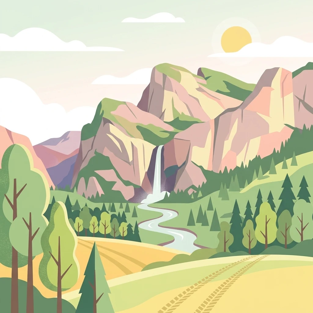 A flat-style digital illustration depicting a mountainous landscape with a waterfall feeding into a winding river surrounded by forests and open fields under a bright sun.