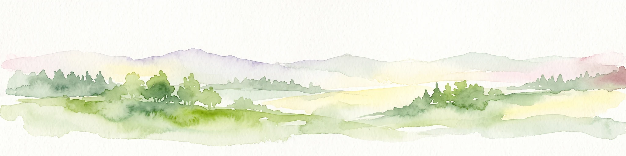 A horizontal watercolor illustration showing a soft, impressionistic landscape of green meadows, small clusters of trees, and pale, distant rolling hills.