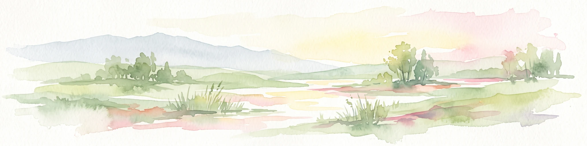 A soft watercolor painting of a wetland landscape with rolling hills in the background, clusters of trees, and marshy foreground vegetation.