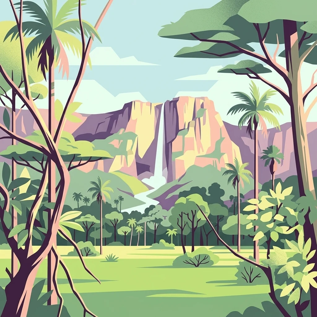 A stylized digital illustration of a lush tropical environment featuring a large cliff face with a waterfall cascading into a valley, surrounded by savanna vegetation and palm trees under a light sky.