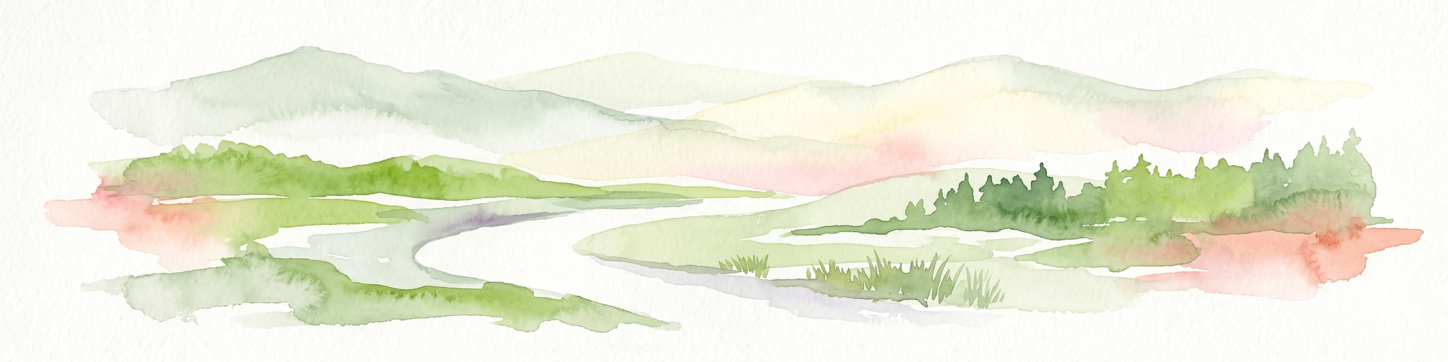 A soft watercolor painting of a pastoral landscape with a meandering river in the foreground, clumps of green trees, and layered rolling hills in the background.