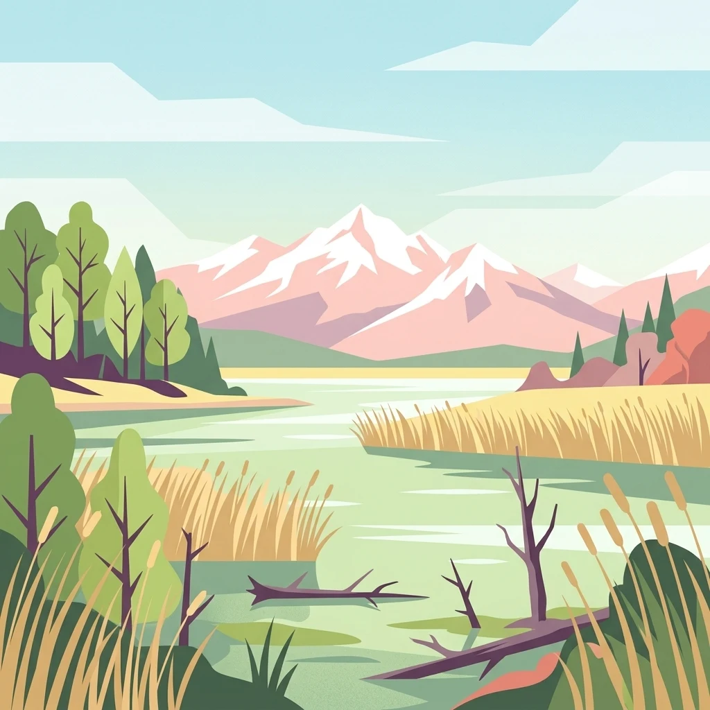A flat vector-style illustration of a wetland lake with reeds in the foreground; deciduous and evergreen trees on the banks; and a series of snow-capped mountains in the background under a pale sky.