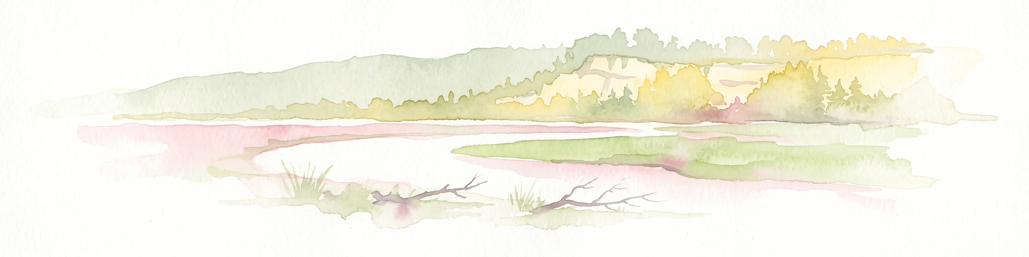 Una ilustración en acuarela de un paisaje fluvial con una curva suave, vegetación en la orilla y colinas bajas a lo lejos, con bordes suaves y desvaídos.