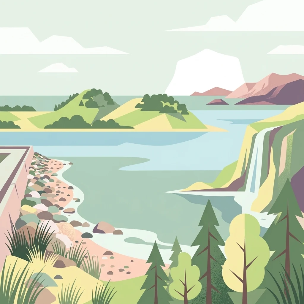A flat-style vector illustration showing a tranquil fjord or bay with a rocky shoreline, a small waterfall falling from a cliff on the right, and rounded islands in the distance under a pale sky.