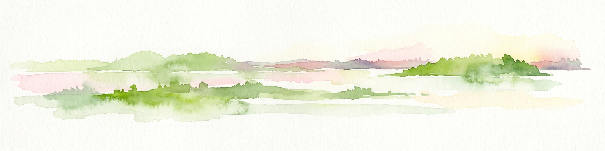 Una pintura minimalista en acuarela que muestra un paisaje horizontal de islas verdes y costa sobre un fondo blanco.