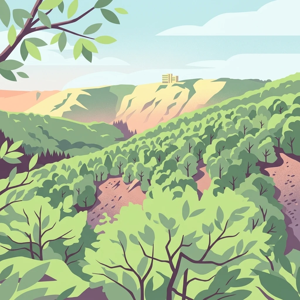 A stylized illustration showing a dense green forest on steep hillsides with a view towards a distant ridge line under a light blue sky.