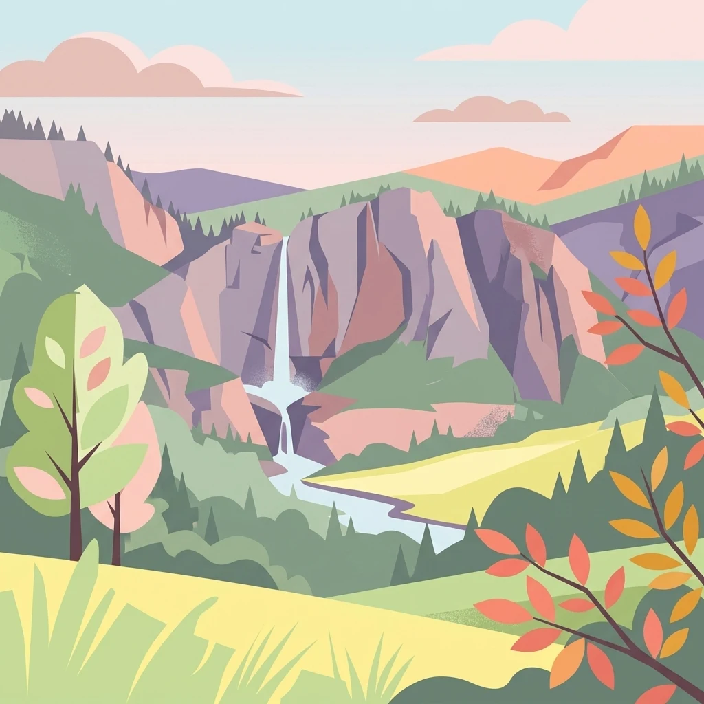 Una ilustración vectorial estilizada que muestra una cascada fluyendo por acantilados de color púrpura y rosa hacia un río, rodeada de árboles verdes y otoñales y colinas onduladas.