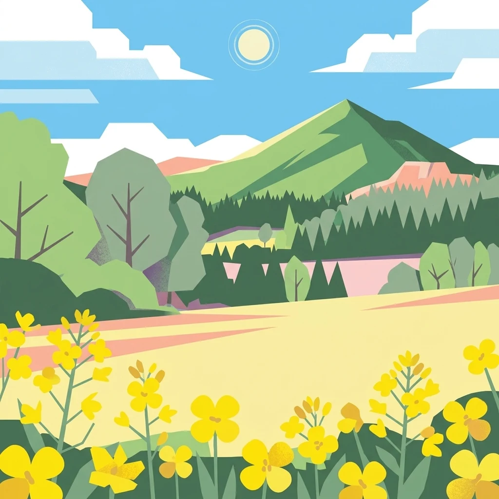 Vector-style flat illustration showing yellow flowering plants in the foreground, rolling green hills and forests in the midground, and blue skies with white clouds in the background.