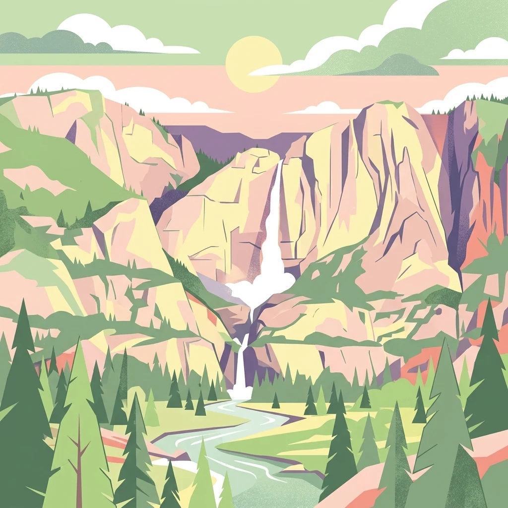 A flat-style digital illustration of a mountain canyon with a multi-tiered waterfall flowing into a river below, surrounded by pine trees under a pale sun.