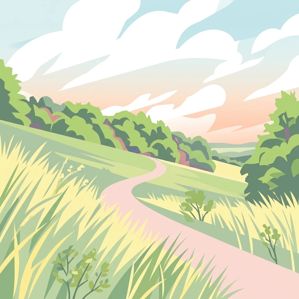 A stylized digital illustration of a winding dirt path through a grassy hill at sunset, with rolling green hills and a cloudy sky in the background.