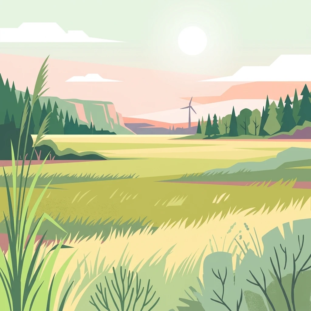 Ilustración vectorial de una pradera verde con hierba alta en primer plano, bosques a ambos lados y un aerogenerador en la distancia contra un cielo rosado y azul con un sol.