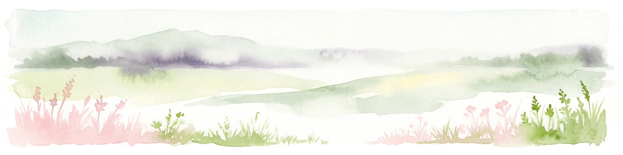 A wide watercolor illustration showing a misty landscape with soft purple mountains in the distance and pink and green grasses in the foreground against a white background.