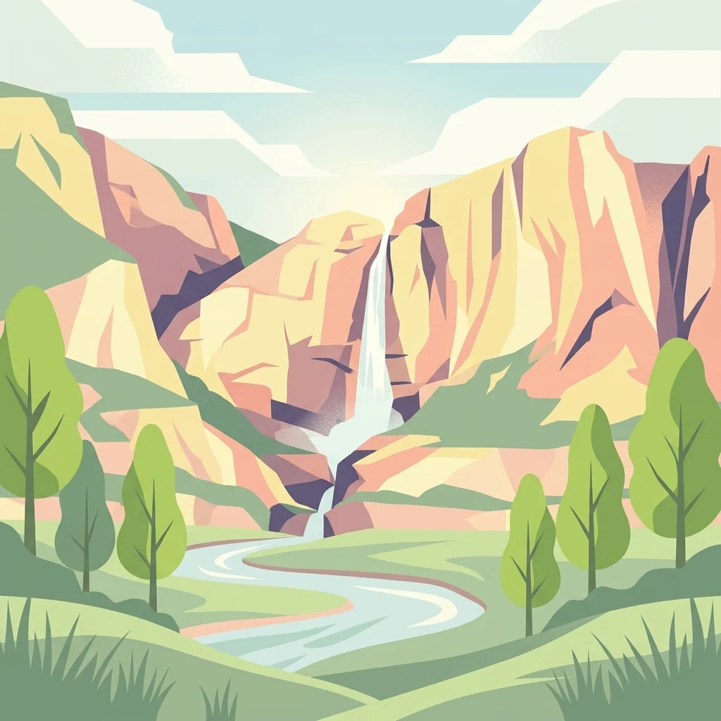 Una ilustración plana de estilo vectorial de un cañón rocoso con una cascada que fluye hacia un río, rodeado de árboles estilizados y colinas cubiertas de hierba.