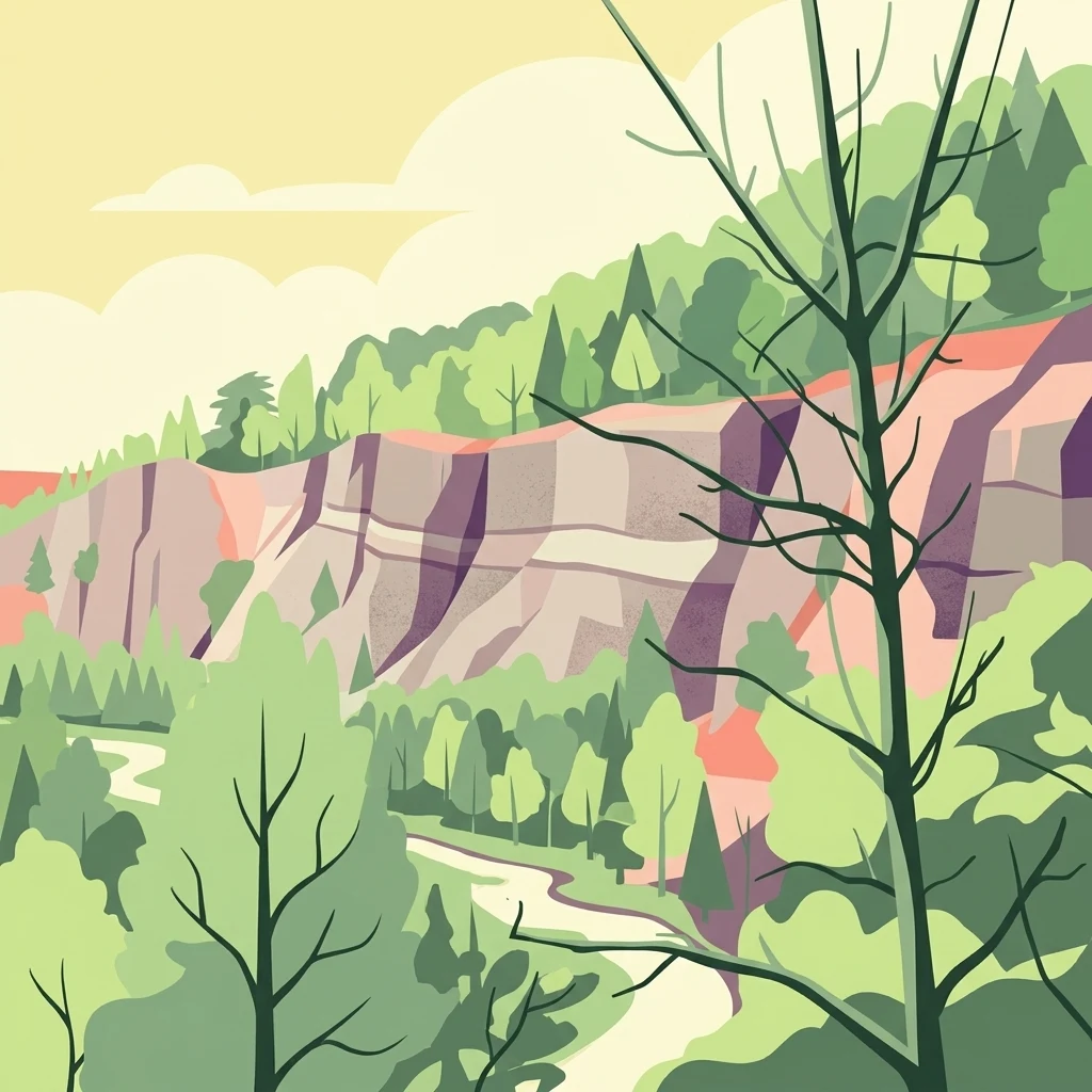 A stylized digital illustration of a limestone quarry cliff face layered with rock strata, surrounded by green forest under a pale sky.