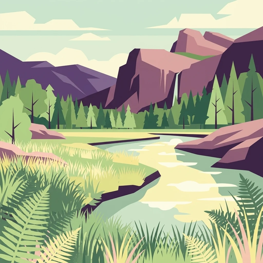 A flat vector-style illustration of a river flowing through a mountain valley, featuring evergreen trees, ferns, and a distant waterfall.