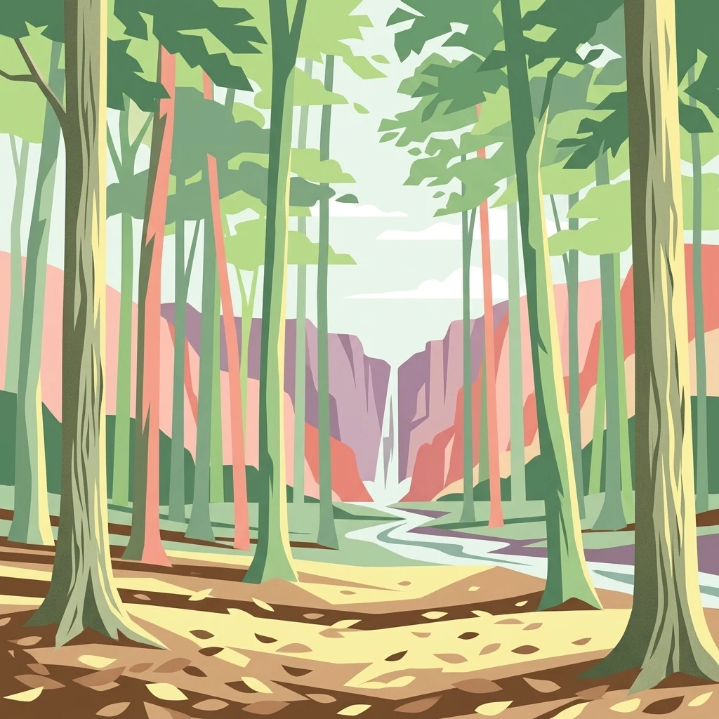A graphic illustration of a forest with tall, slender trees in the foreground, a winding stream leading toward a distant waterfall, and rocky cliffs in the background.